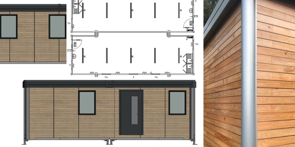 artist's impression of a foob hub unit with wood effect panelling, a grey door and two windows, also includes a possible floor plan